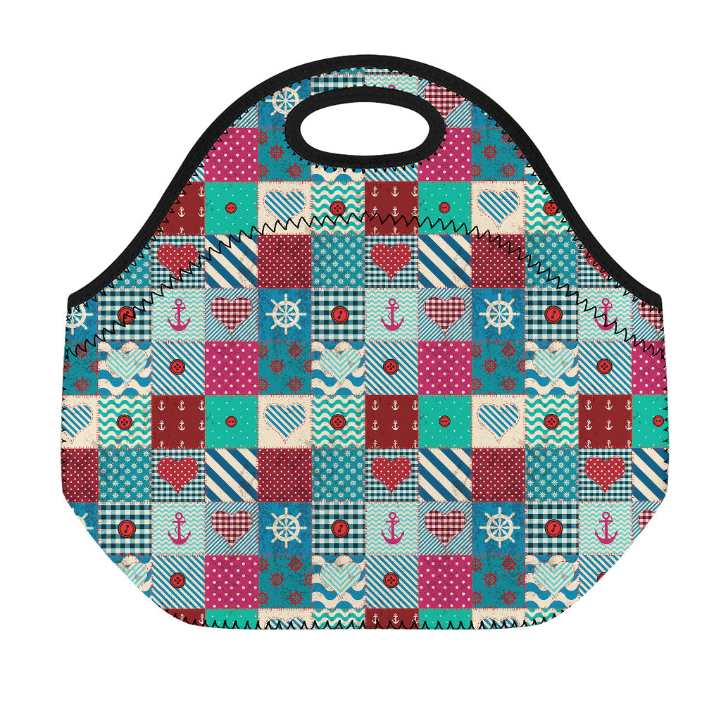 Retro Nautical Patchwork Pattern Print Neoprene Lunch Bag