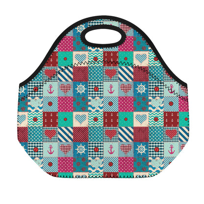 Retro Nautical Patchwork Pattern Print Neoprene Lunch Bag