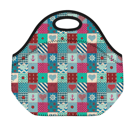 Retro Nautical Patchwork Pattern Print Neoprene Lunch Bag