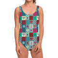 Retro Nautical Patchwork Pattern Print One Piece Swimsuit