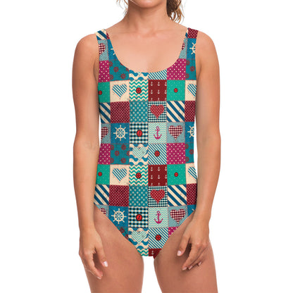 Retro Nautical Patchwork Pattern Print One Piece Swimsuit