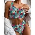 Retro Nautical Patchwork Pattern Print One Shoulder Bikini Set