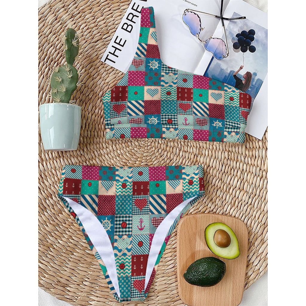 Retro Nautical Patchwork Pattern Print One Shoulder Bikini Top