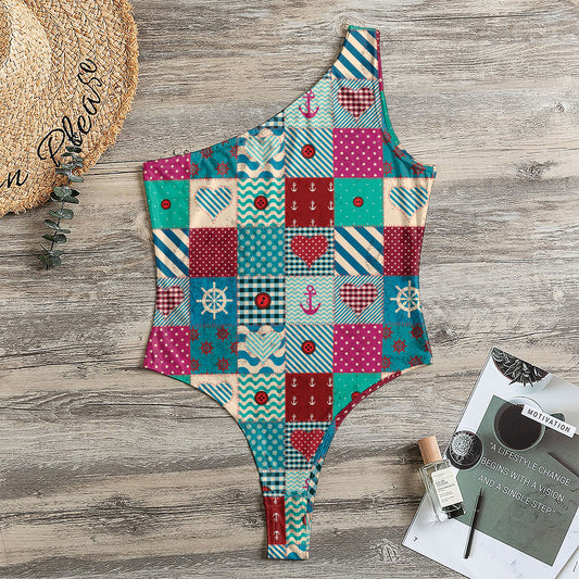 Retro Nautical Patchwork Pattern Print One Shoulder Bodysuit