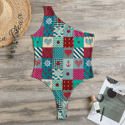 Retro Nautical Patchwork Pattern Print One Shoulder Bodysuit