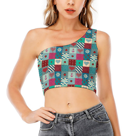 Retro Nautical Patchwork Pattern Print One Shoulder Crop Top