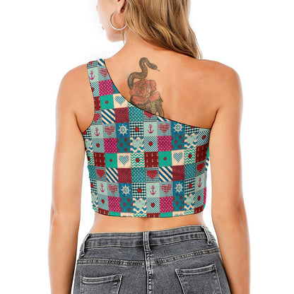 Retro Nautical Patchwork Pattern Print One Shoulder Crop Top