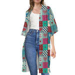 Retro Nautical Patchwork Pattern Print Open Front Beach Cover Up