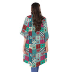 Retro Nautical Patchwork Pattern Print Open Front Beach Cover Up