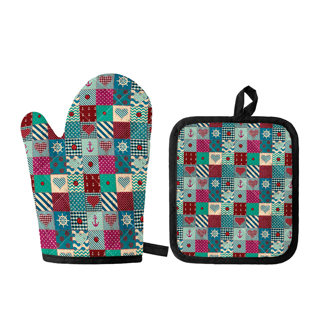 Retro Nautical Patchwork Pattern Print Oven Mitt And Pot Holder Set