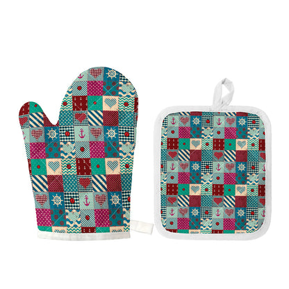 Retro Nautical Patchwork Pattern Print Oven Mitt And Pot Holder Set