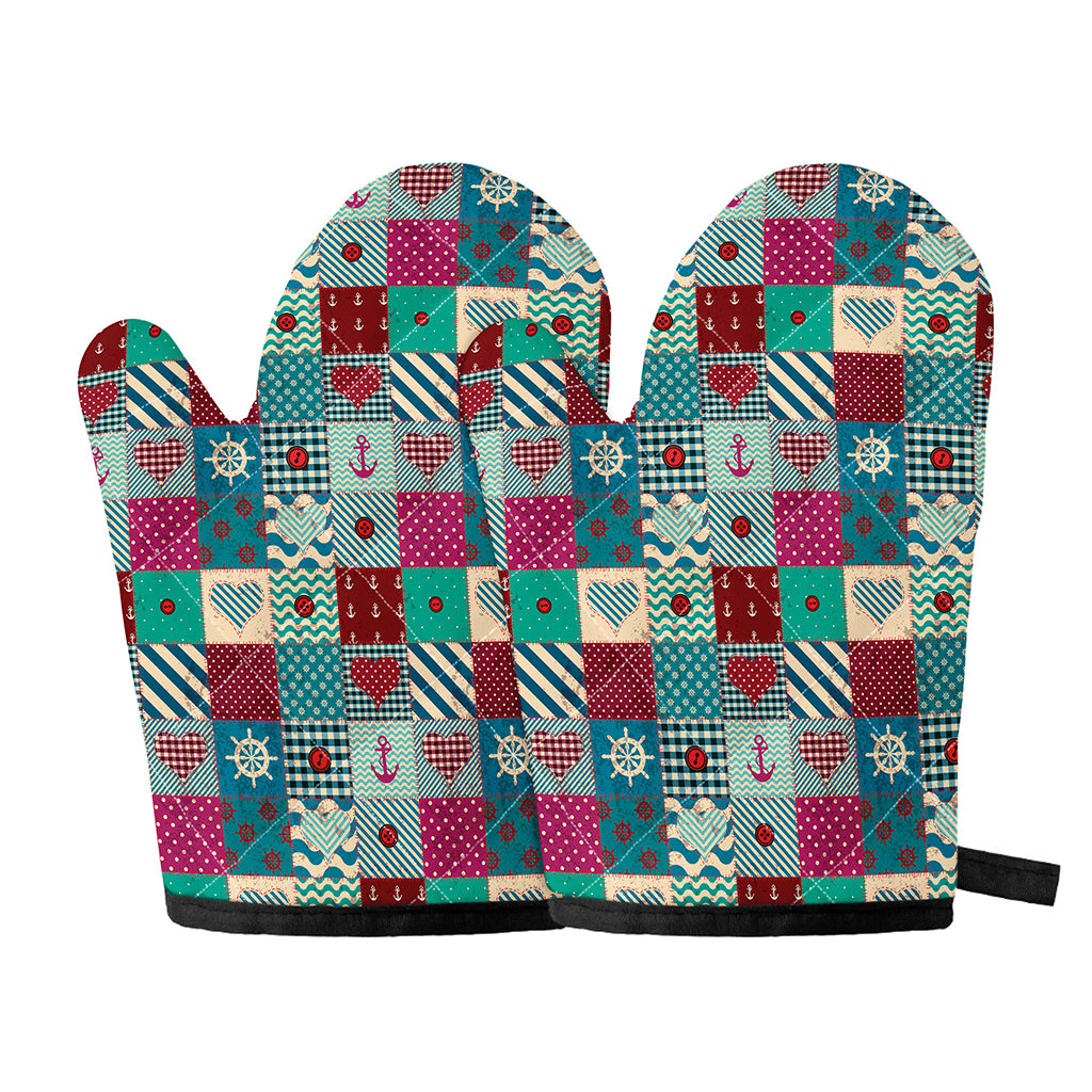 Retro Nautical Patchwork Pattern Print Oven Mitts