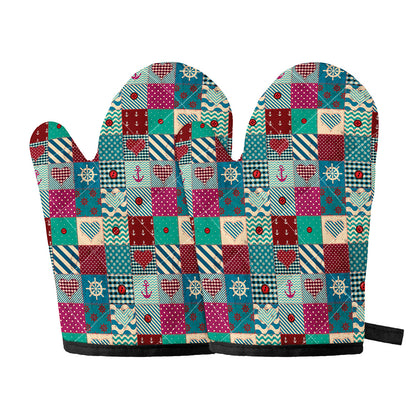 Retro Nautical Patchwork Pattern Print Oven Mitts