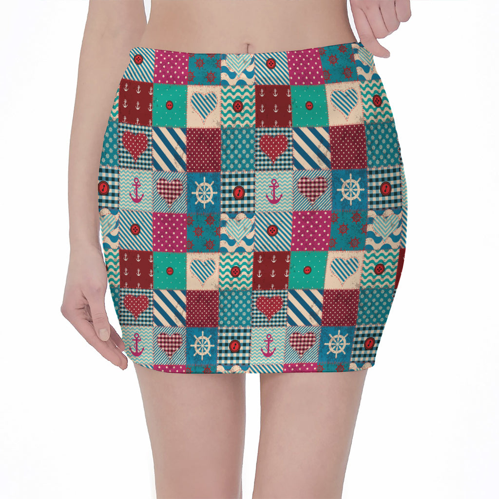 Retro Nautical Patchwork Pattern Print Pencil Mini Skirt