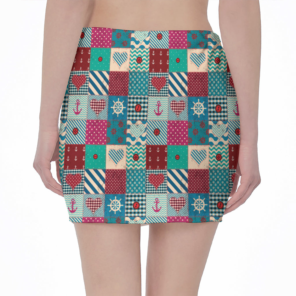 Retro Nautical Patchwork Pattern Print Pencil Mini Skirt