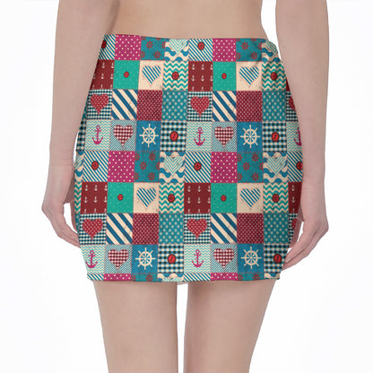 Retro Nautical Patchwork Pattern Print Pencil Mini Skirt