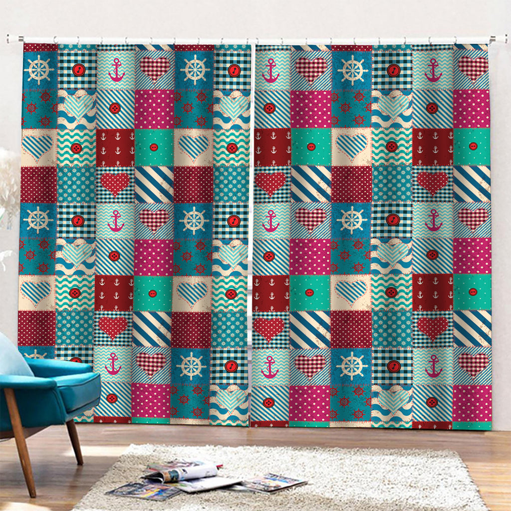 Retro Nautical Patchwork Pattern Print Pencil Pleat Curtains