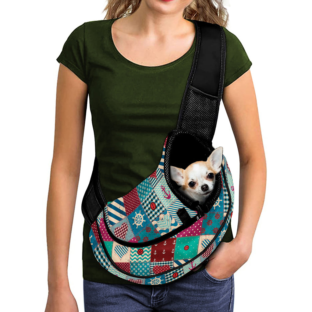 Retro Nautical Patchwork Pattern Print Pet Sling Carrier