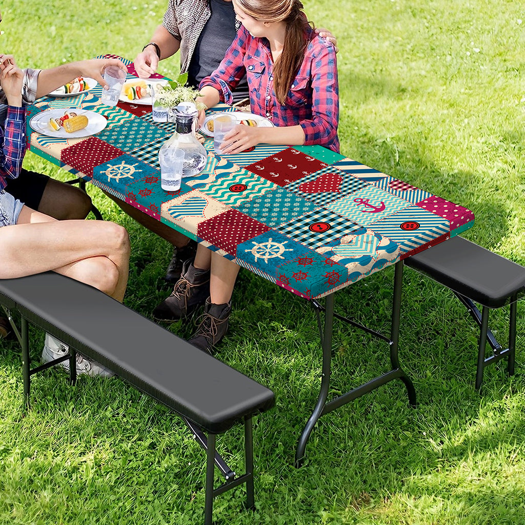 Retro Nautical Patchwork Pattern Print Picnic Table Cover