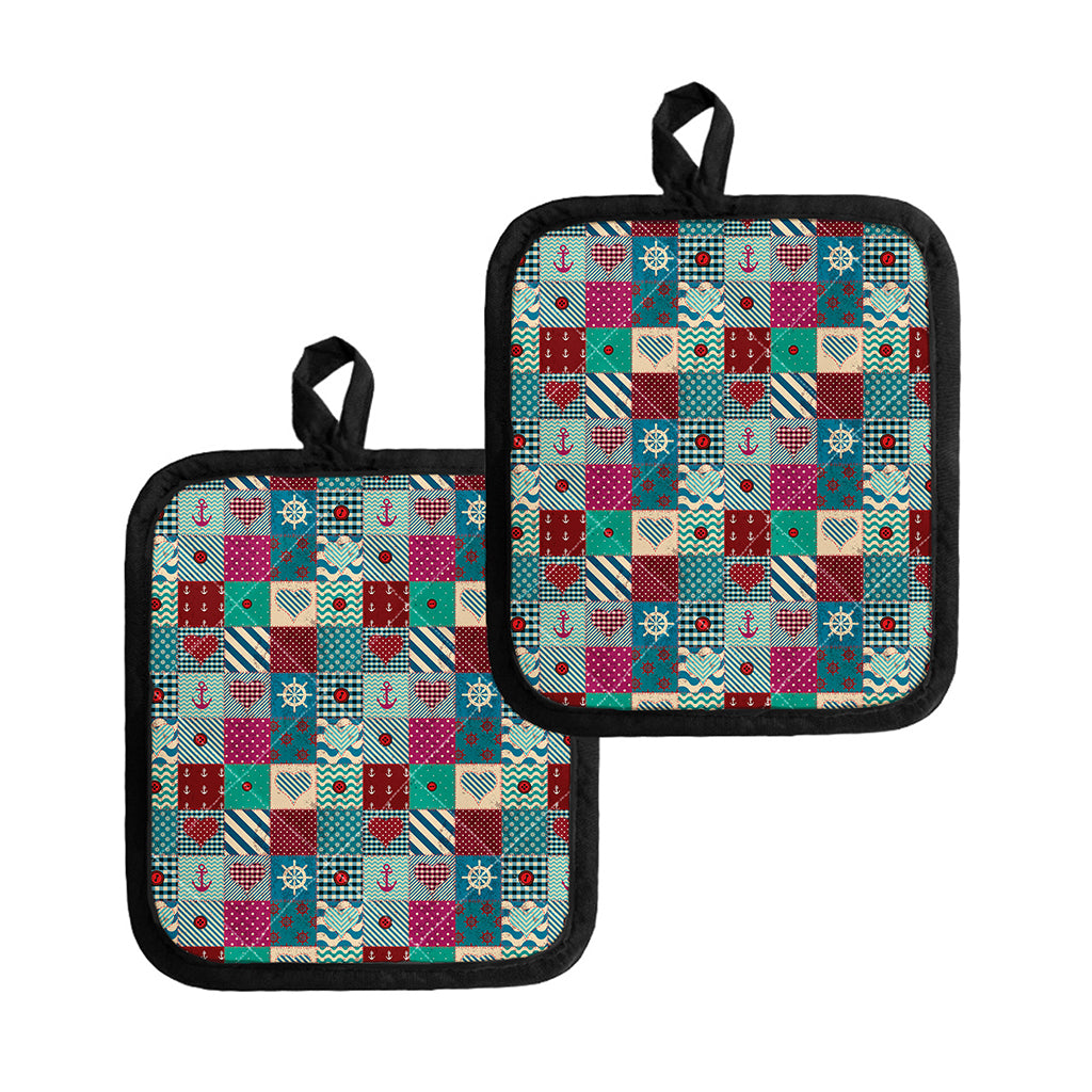 Retro Nautical Patchwork Pattern Print Pot Holders