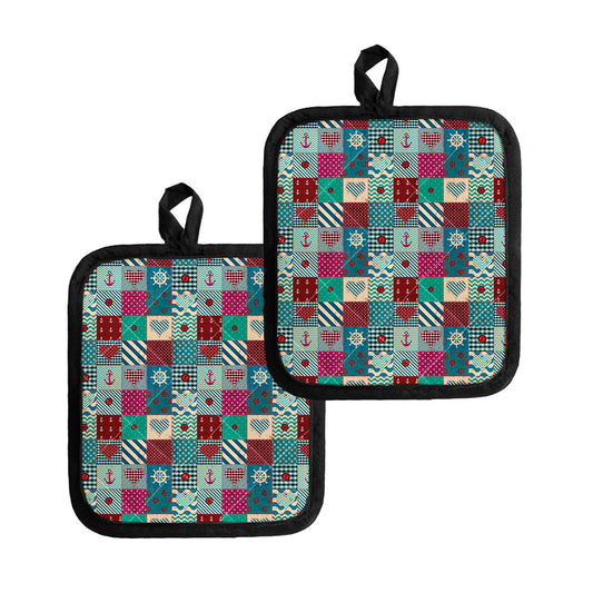Retro Nautical Patchwork Pattern Print Pot Holders