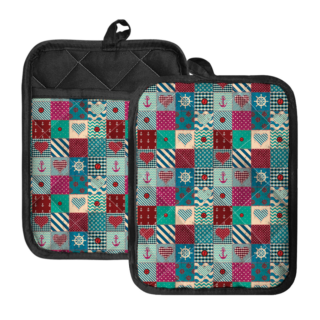 Retro Nautical Patchwork Pattern Print Pot Holders With Pocket