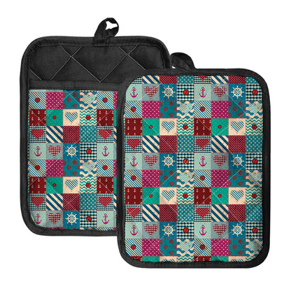 Retro Nautical Patchwork Pattern Print Pot Holders With Pocket