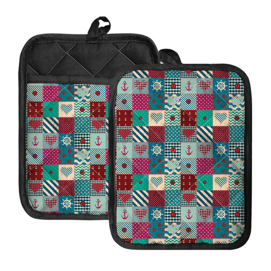 Retro Nautical Patchwork Pattern Print Pot Holders With Pocket