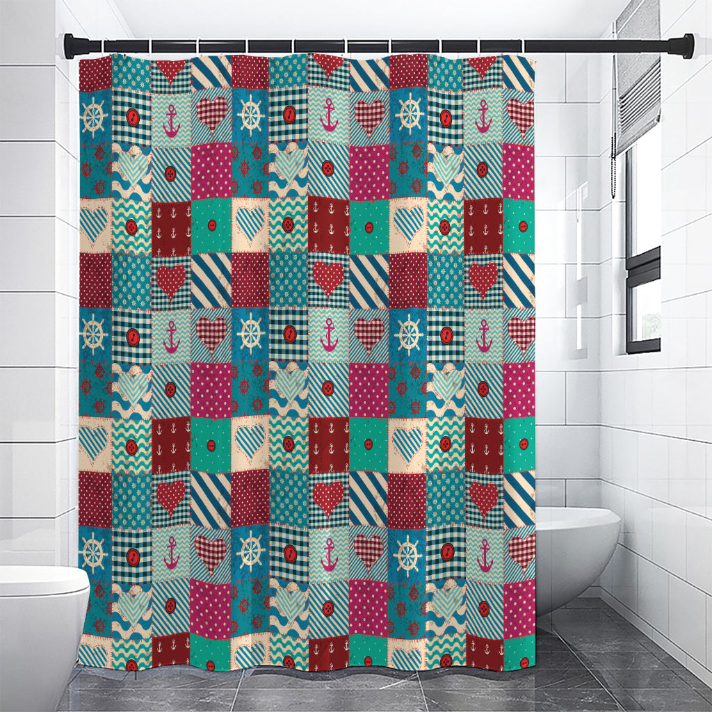 Retro Nautical Patchwork Pattern Print Premium Shower Curtain