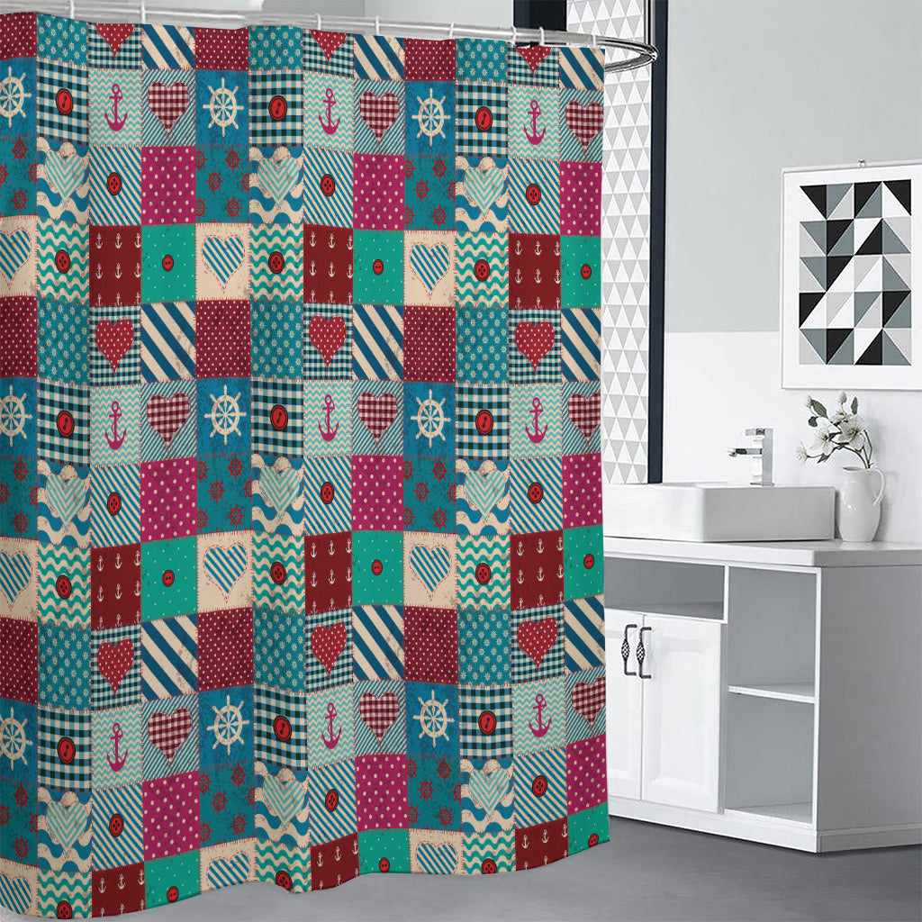 Retro Nautical Patchwork Pattern Print Premium Shower Curtain