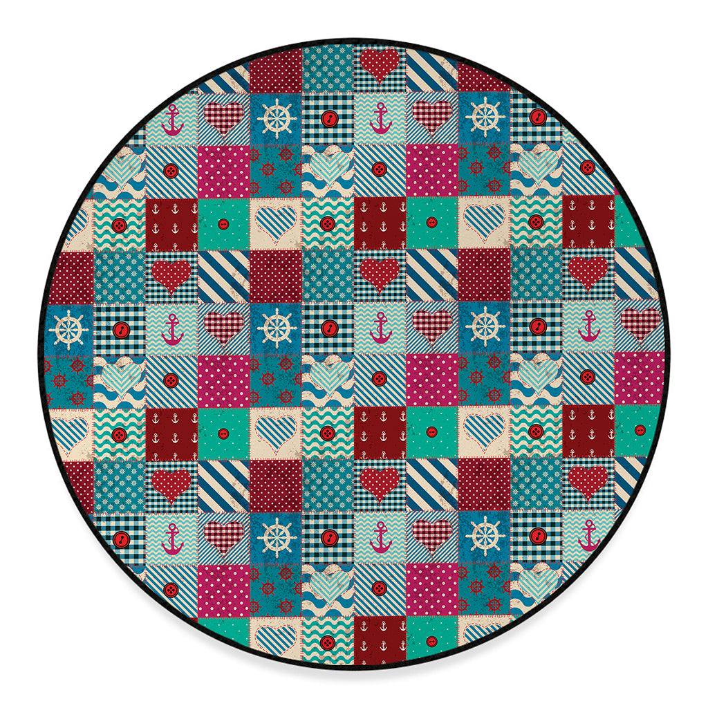 Retro Nautical Patchwork Pattern Print Round Floor Mat