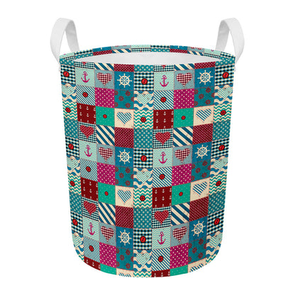 Retro Nautical Patchwork Pattern Print Round Laundry Basket