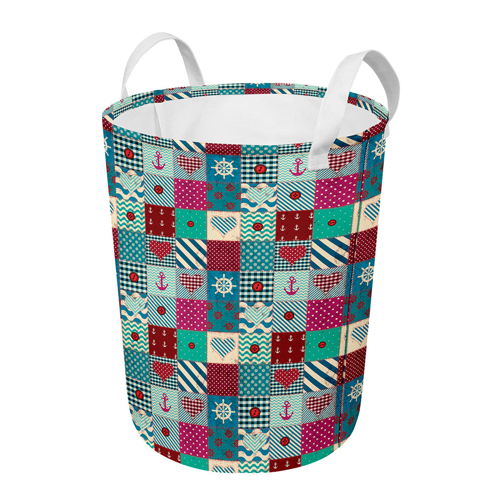 Retro Nautical Patchwork Pattern Print Round Laundry Basket