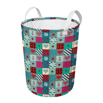 Retro Nautical Patchwork Pattern Print Round Laundry Basket
