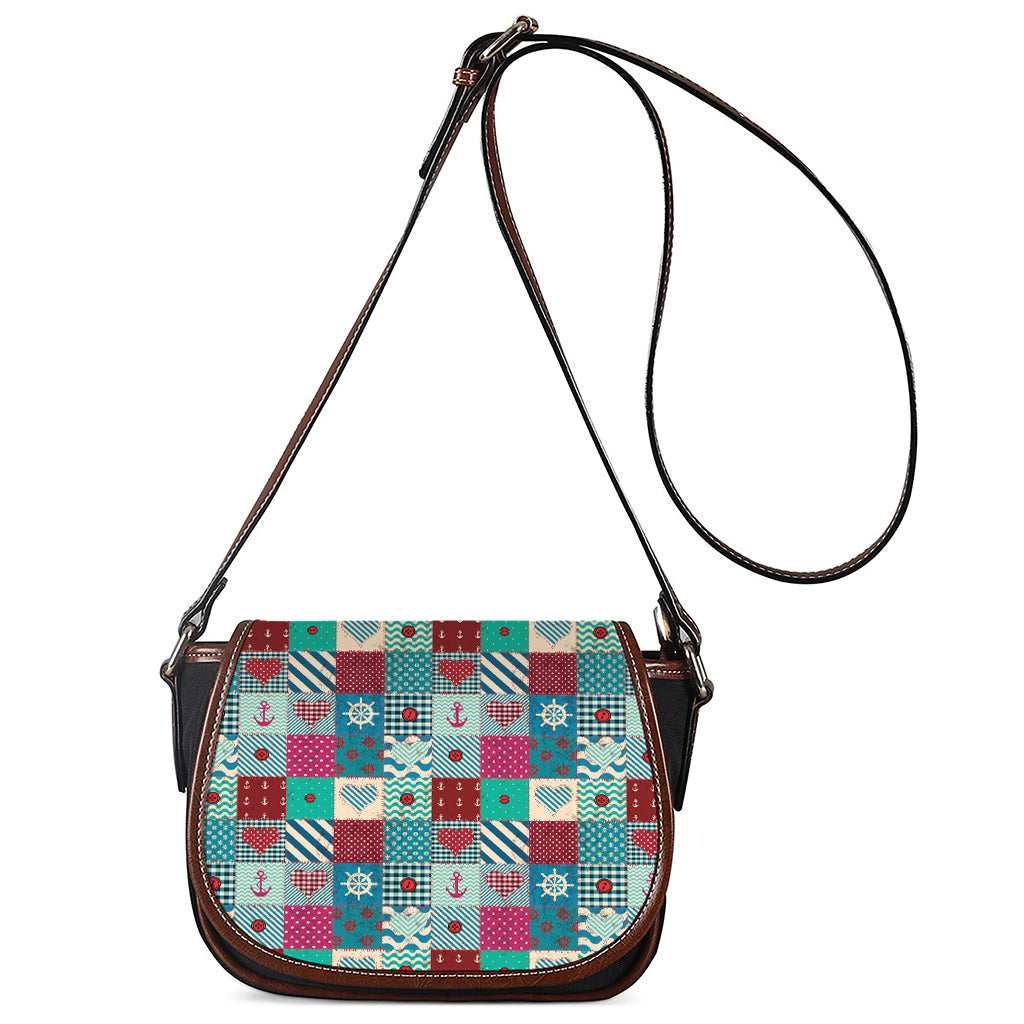 Retro Nautical Patchwork Pattern Print Saddle Bag