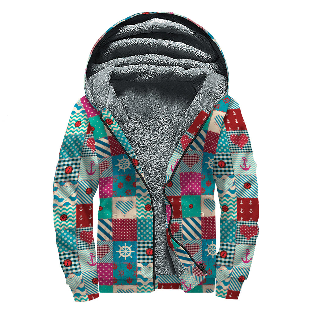 Retro Nautical Patchwork Pattern Print Sherpa Lined Zip Up Hoodie