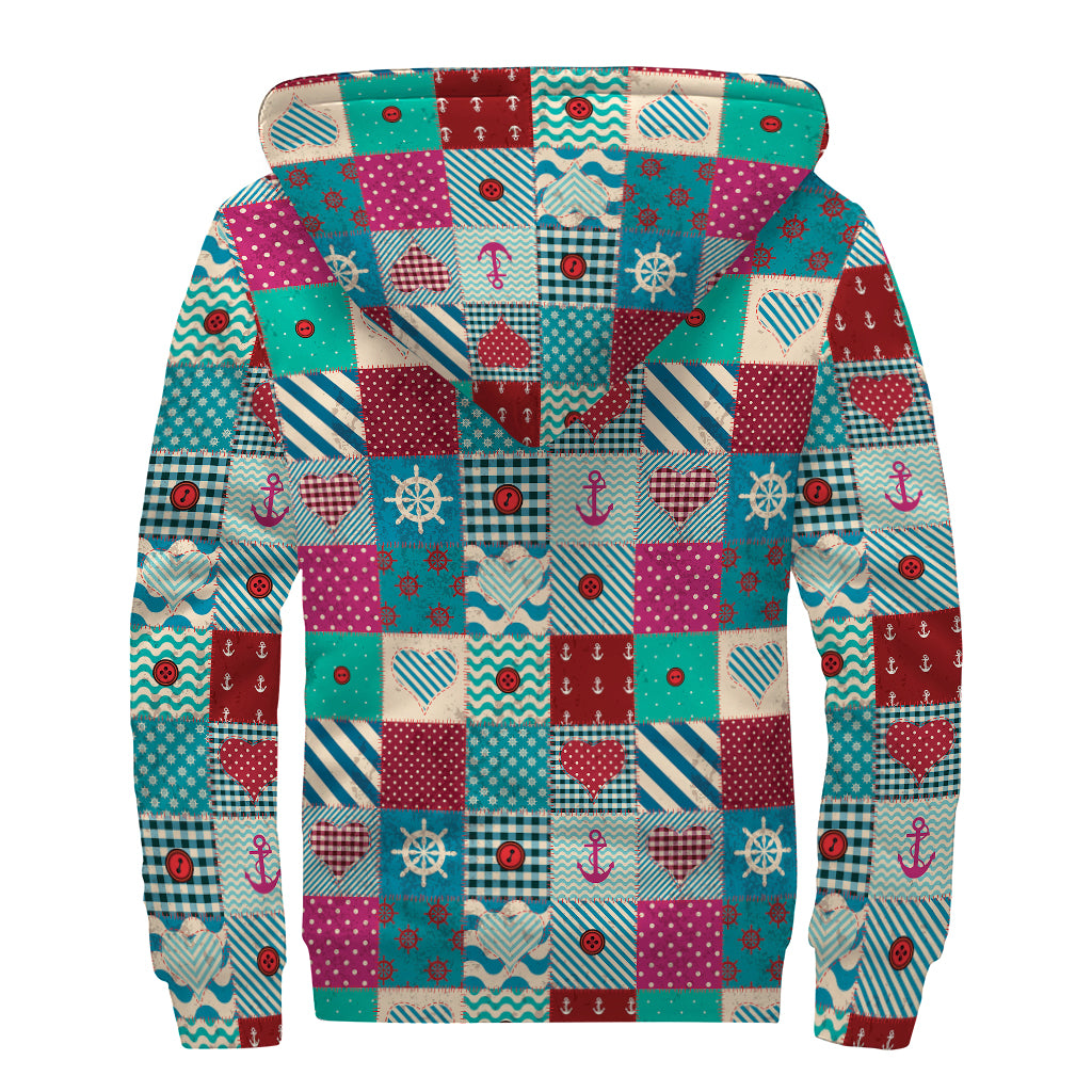 Retro Nautical Patchwork Pattern Print Sherpa Lined Zip Up Hoodie