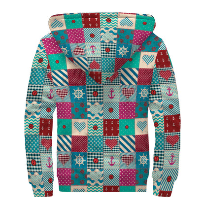 Retro Nautical Patchwork Pattern Print Sherpa Lined Zip Up Hoodie