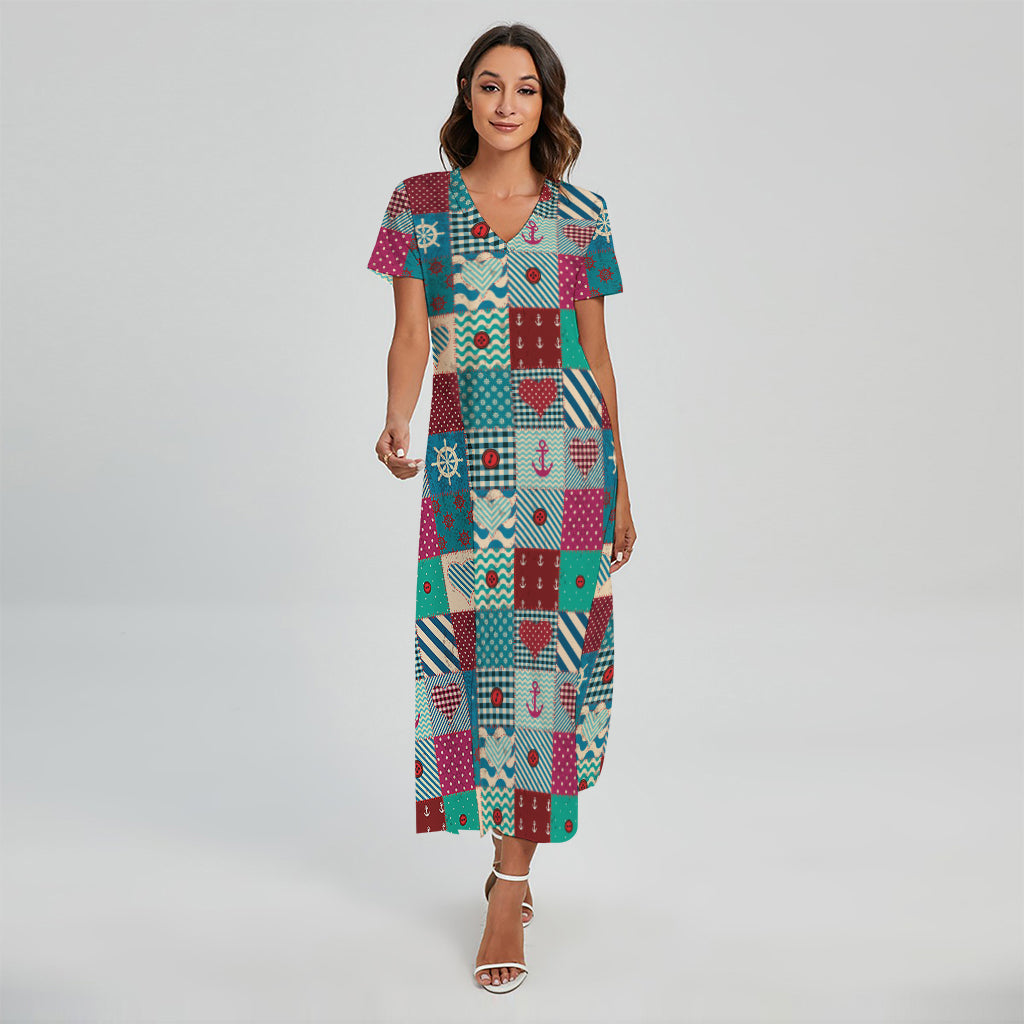 Retro Nautical Patchwork Pattern Print Short Sleeve Maxi Dress
