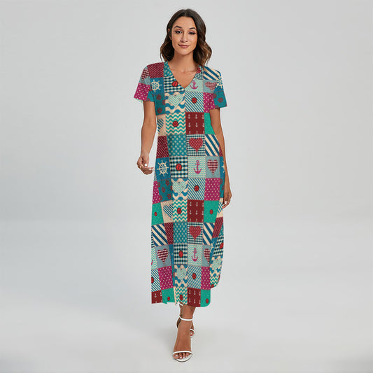 Retro Nautical Patchwork Pattern Print Short Sleeve Maxi Dress