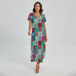 Retro Nautical Patchwork Pattern Print Short Sleeve Maxi Dress