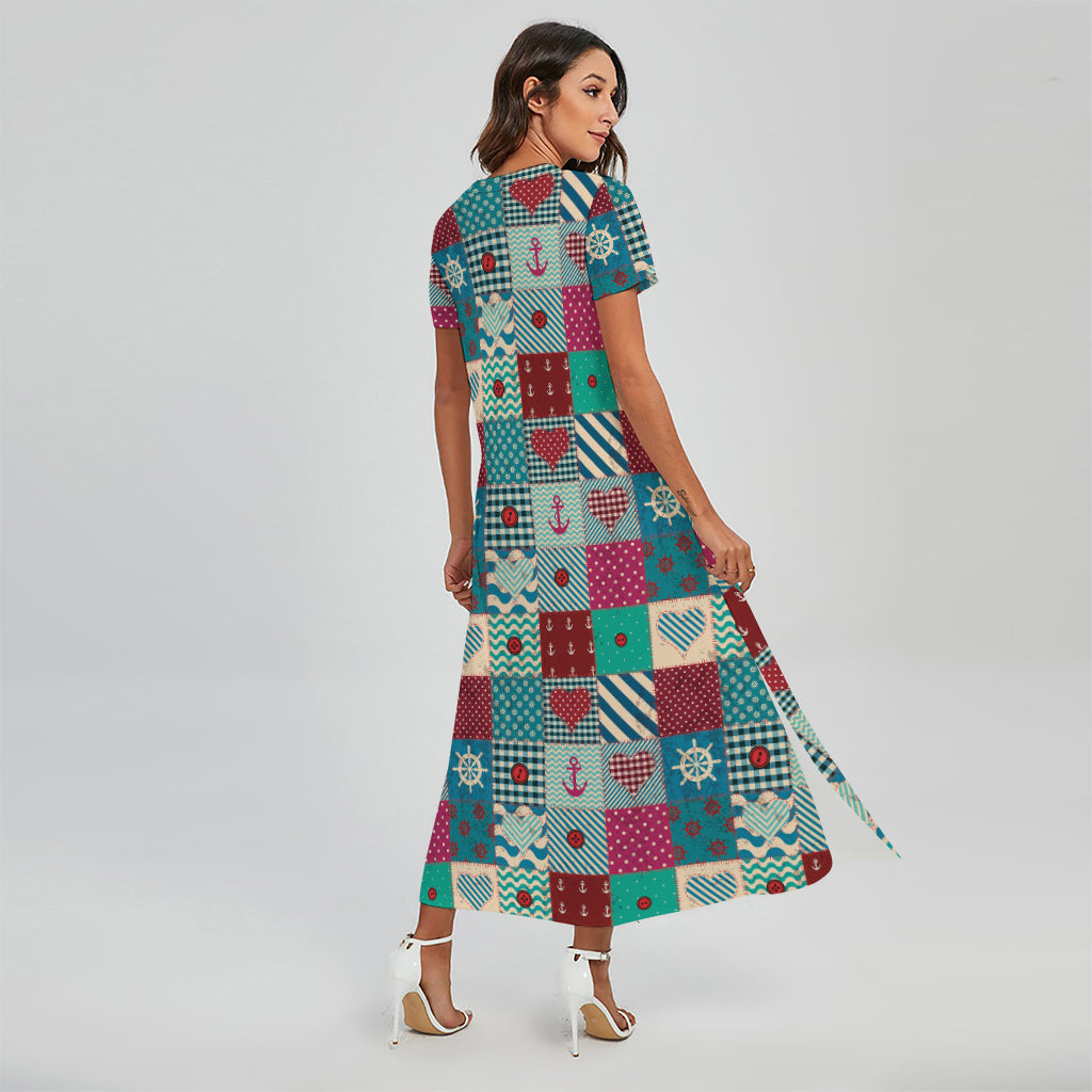 Retro Nautical Patchwork Pattern Print Short Sleeve Maxi Dress