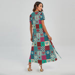 Retro Nautical Patchwork Pattern Print Short Sleeve Maxi Dress