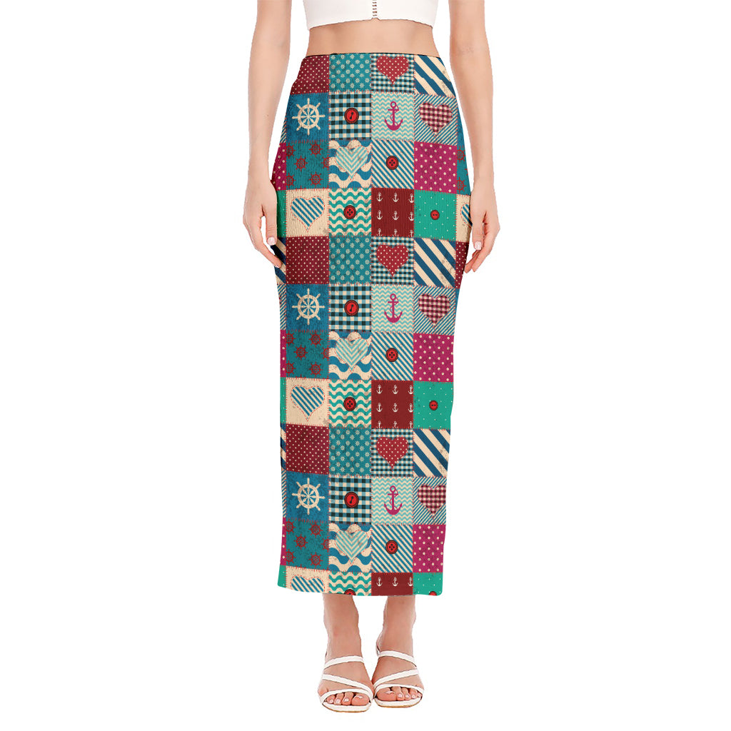 Retro Nautical Patchwork Pattern Print Side Slit Maxi Skirt