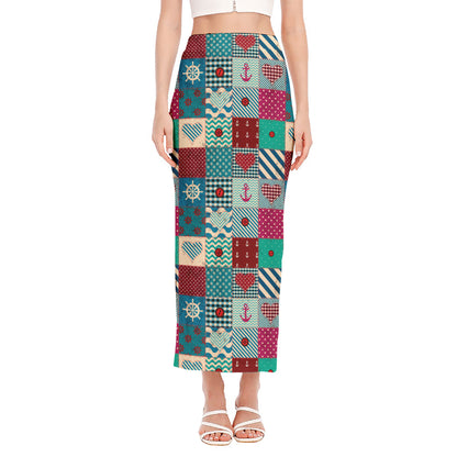 Retro Nautical Patchwork Pattern Print Side Slit Maxi Skirt
