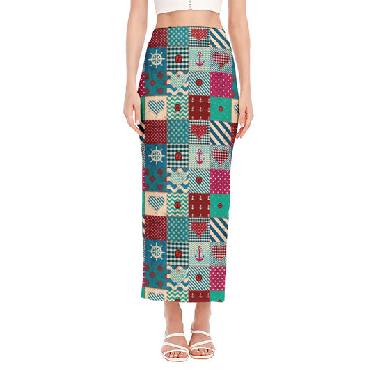 Retro Nautical Patchwork Pattern Print Side Slit Maxi Skirt