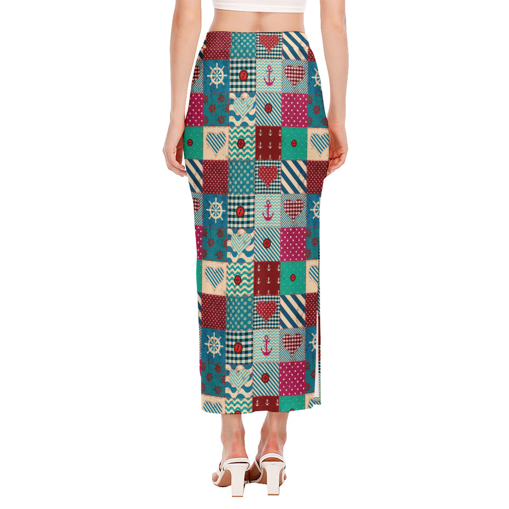Retro Nautical Patchwork Pattern Print Side Slit Maxi Skirt