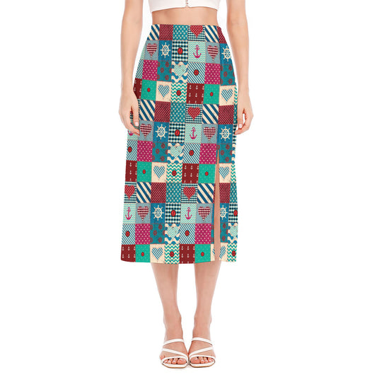 Retro Nautical Patchwork Pattern Print Side Slit Midi Skirt