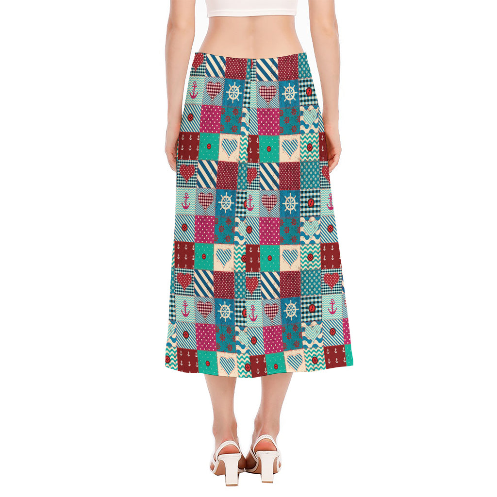Retro Nautical Patchwork Pattern Print Side Slit Midi Skirt