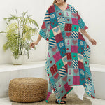 Retro Nautical Patchwork Pattern Print Silk V-Neck Kaftan Dress